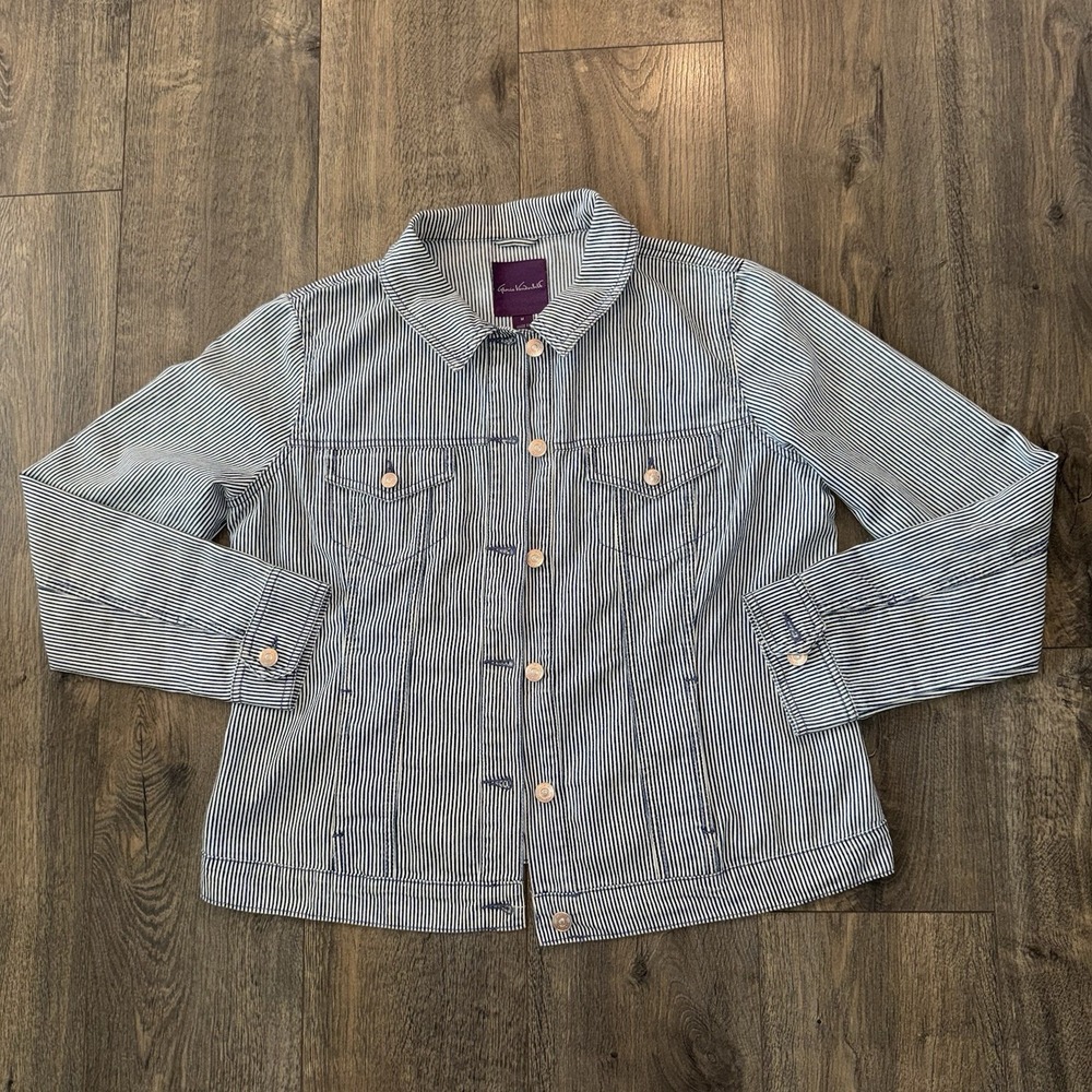Gloria Vanderbilt Women Sz M Stripped Chambray Jacket Button Front  Blue Utility